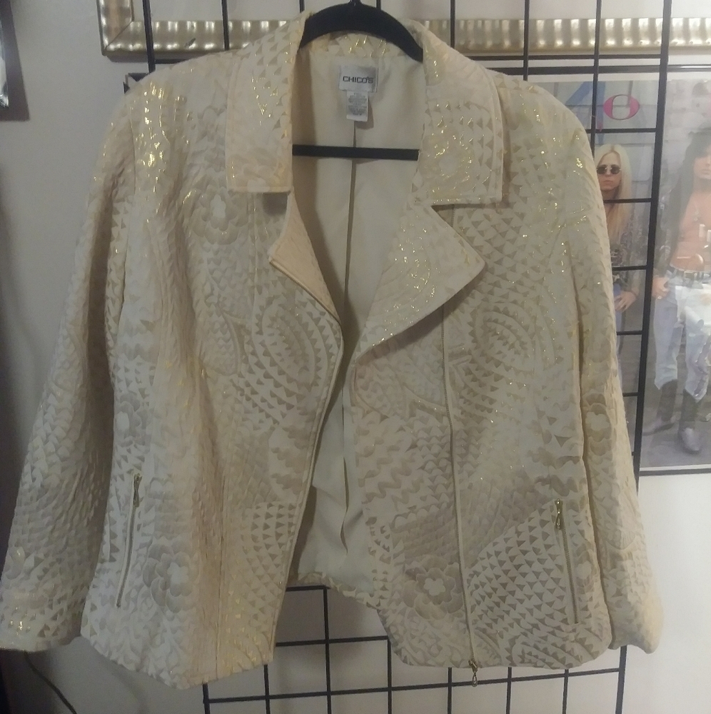 Chico's Ivory & Metallic Gold Blazer